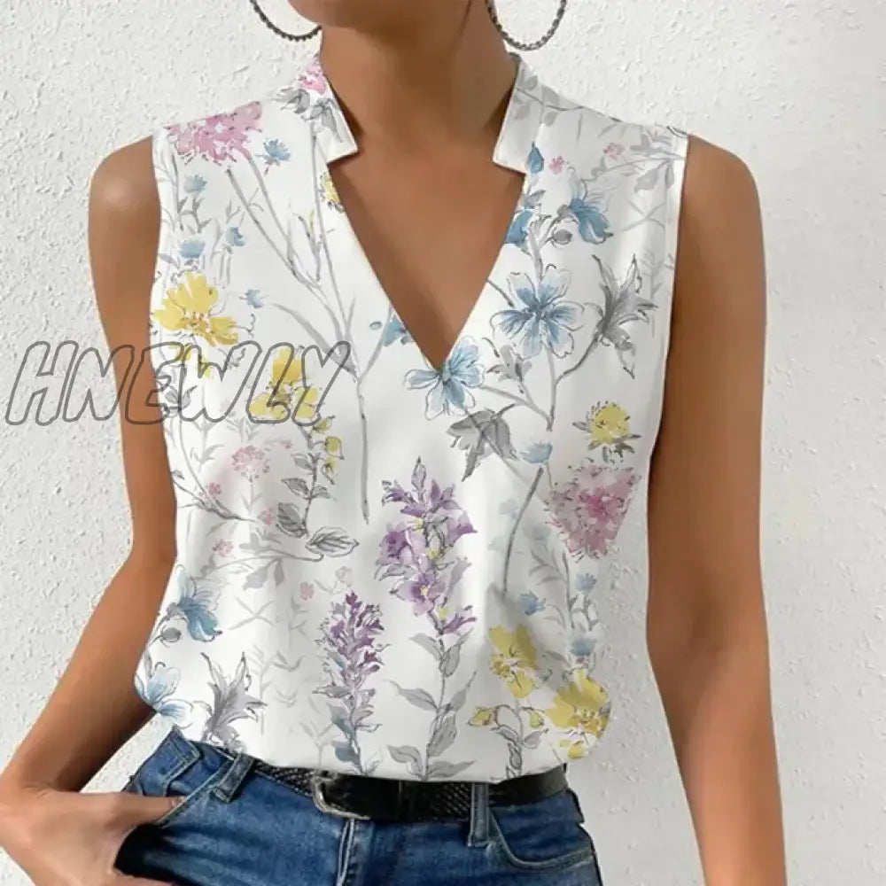 Hnewly Fashion V-Neck Sleeveless Print Women Tops And Blouses Summer Casual White Tank Top Femme