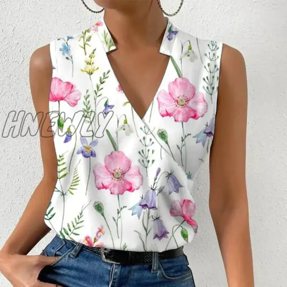 Hnewly Fashion V-Neck Sleeveless Print Women Tops And Blouses Summer Casual White Tank Top Femme