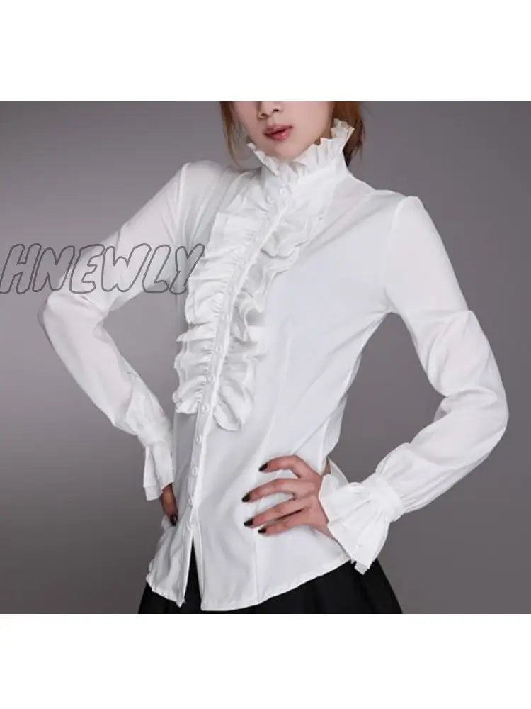 Hnewly Fashion Victorian Womens Tops Ruffles Long Sleeve Frill Solid Color Ol Office Shirt Frilly