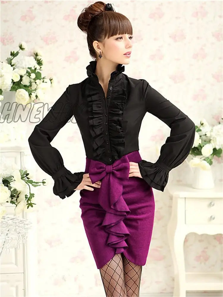 Hnewly Fashion Victorian Womens Tops Ruffles Long Sleeve Frill Solid Color Ol Office Shirt Frilly