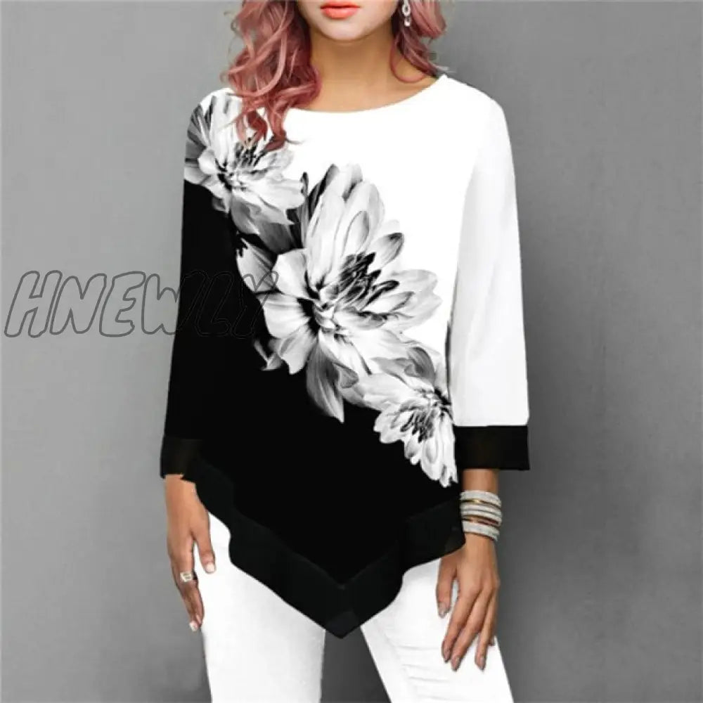 Hnewly Fashion Women New Spring Shirts Floral Print Irregular Hem Blouse 5Xl Big Size Clothing