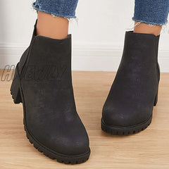 Hnewly Faux Leather Chelsea Lug Boots Slip-On Chunky Heel Ankle Booties