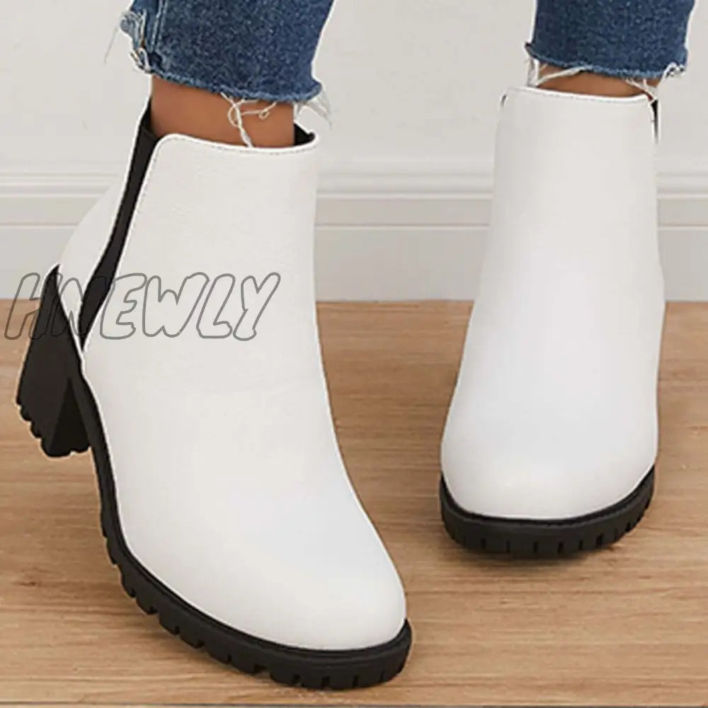 Hnewly Faux Leather Chelsea Lug Boots Slip-On Chunky Heel Ankle Booties