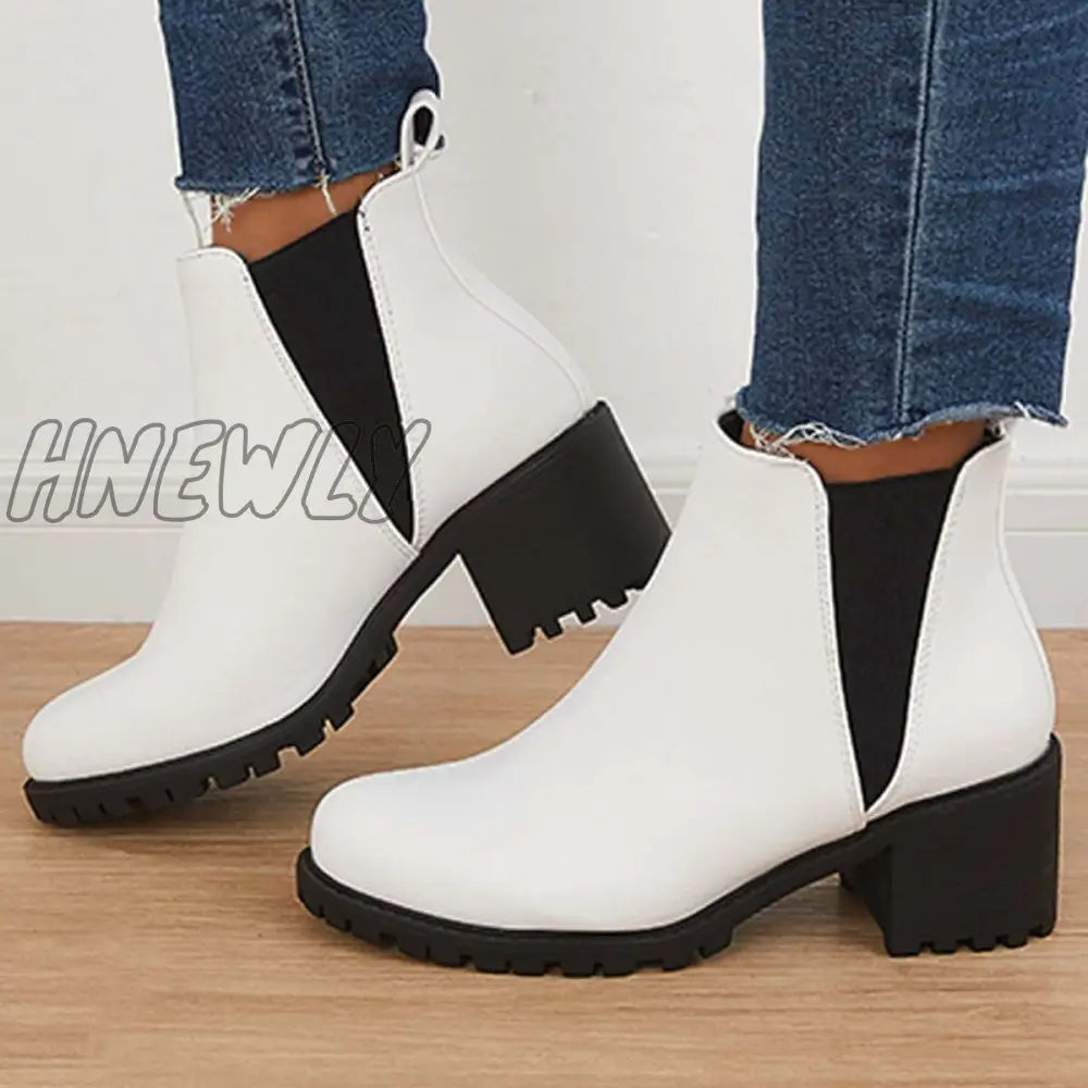 Hnewly Faux Leather Chelsea Lug Boots Slip-On Chunky Heel Ankle Booties White / 5