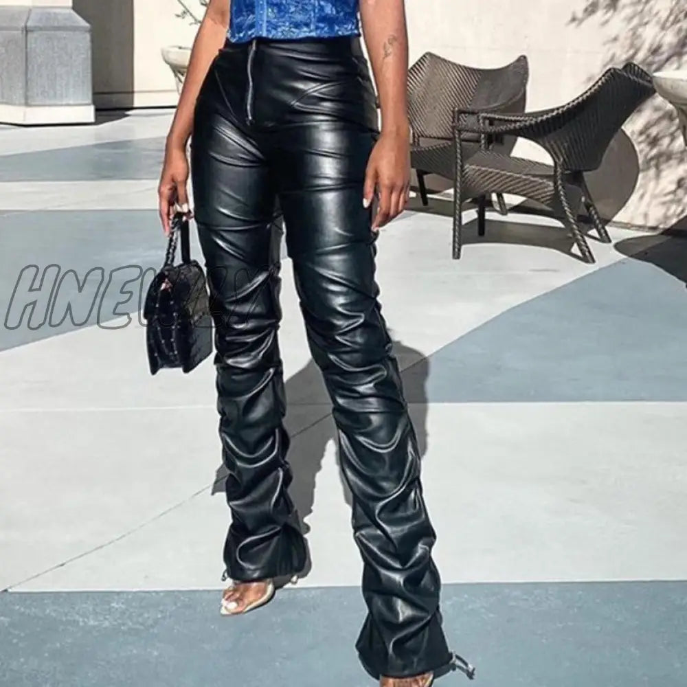 Hnewly Faux Leather Pants Cyber Y2K Vintage Stacked Zipper Side Slit Drawstring Pencil Trend