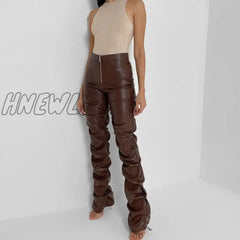 Hnewly Faux Leather Pants Cyber Y2K Vintage Stacked Zipper Side Slit Drawstring Pencil Trend