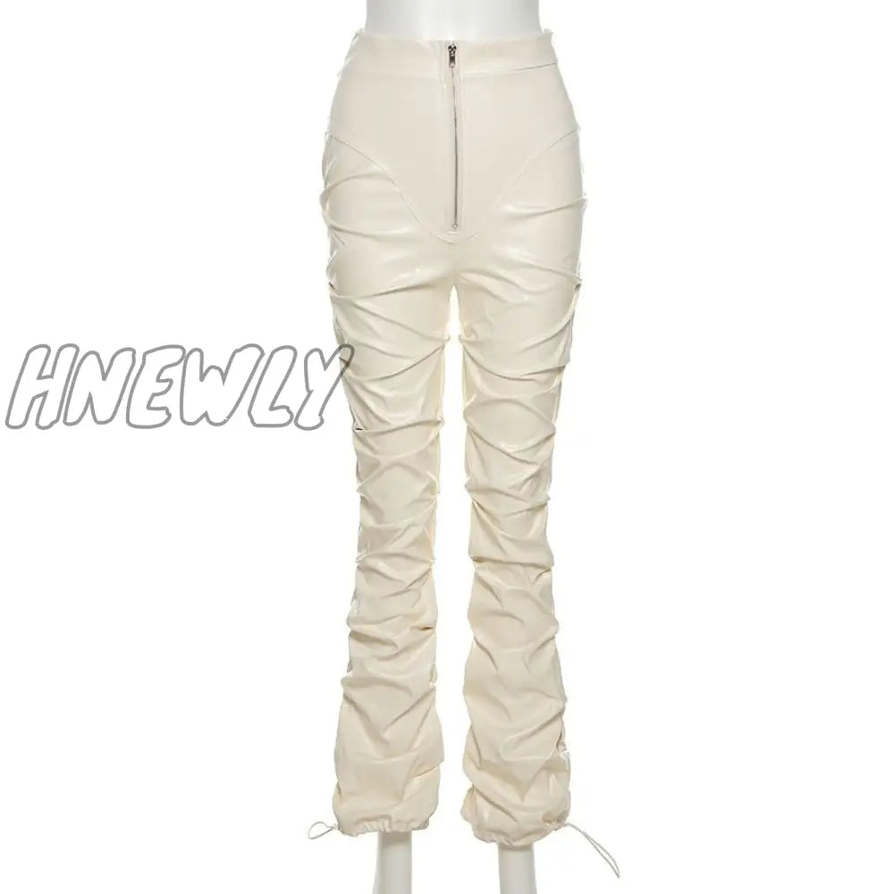 Hnewly Faux Leather Pants Cyber Y2K Vintage Stacked Zipper Side Slit Drawstring Pencil Trend