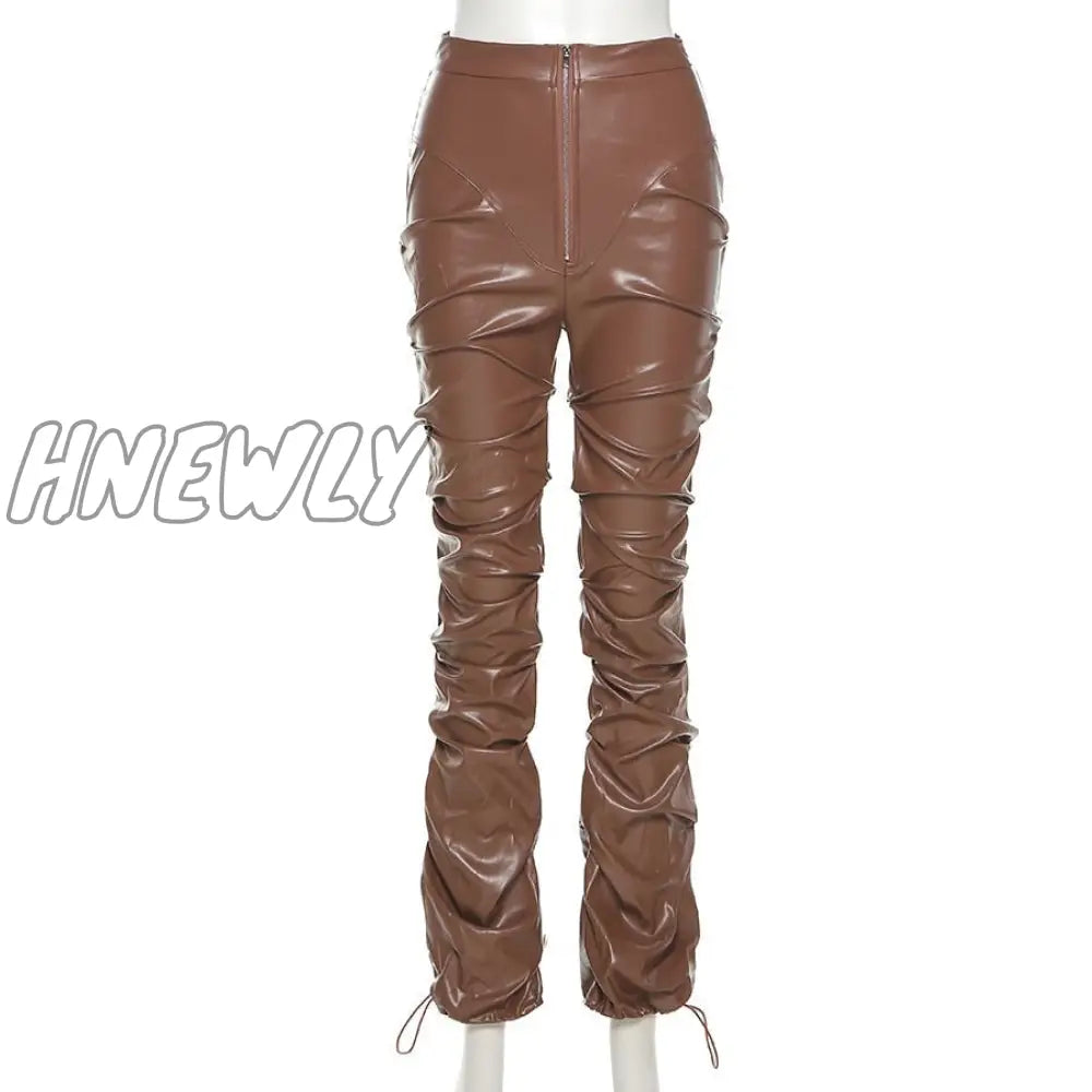 Hnewly Faux Leather Pants Cyber Y2K Vintage Stacked Zipper Side Slit Drawstring Pencil Trend