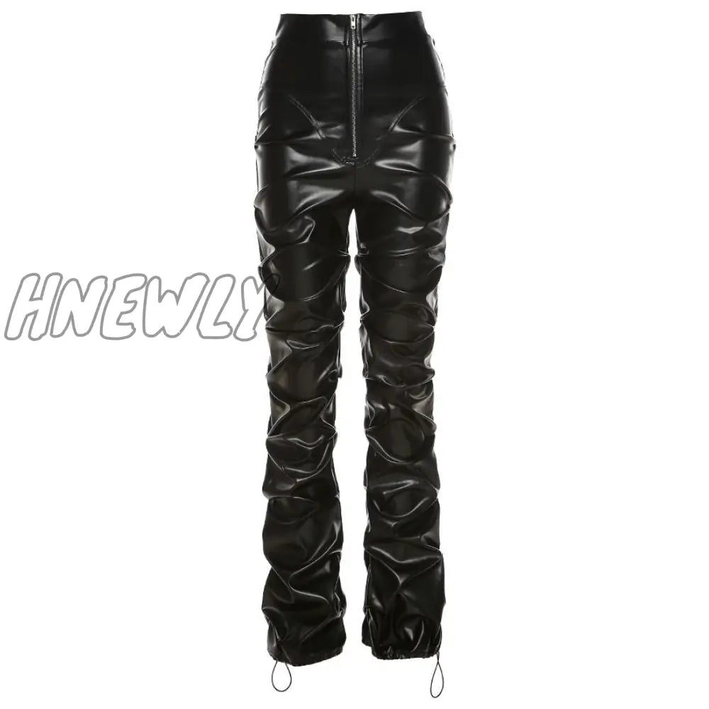 Hnewly Faux Leather Pants Cyber Y2K Vintage Stacked Zipper Side Slit Drawstring Pencil Trend