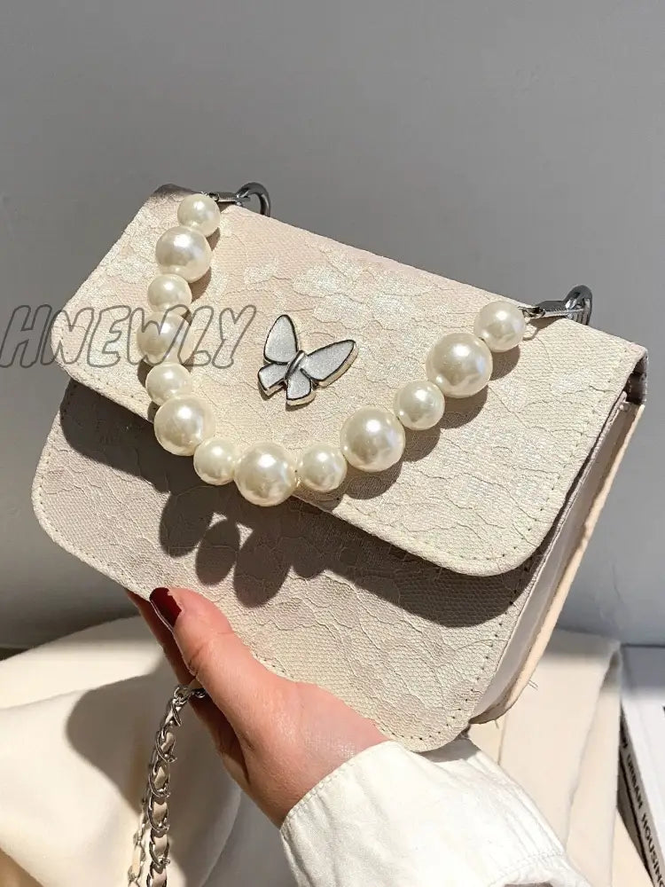 Hnewly - Faux Pearl Decor Flap Satchel Bag Women Satchels Apricot Women-Satchels