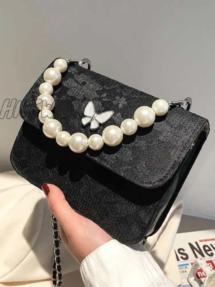 Hnewly - Faux Pearl Decor Flap Satchel Bag Women Satchels Black Women-Satchels