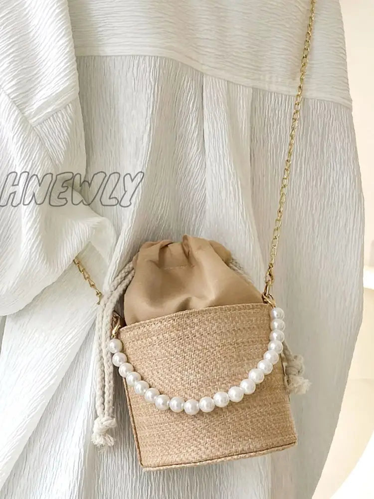 Hnewly - Faux Pearls Decor Drawstring Bucket Bag Women Satchels Khaki Women-Satchels