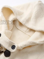 Hnewly Faux Woolen Long Coat Women Sleeve Big Pocket Cow Horn Button Hoodies Outwear 2024 Autumn