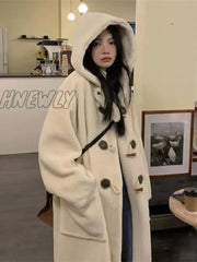 Hnewly Faux Woolen Long Coat Women Sleeve Big Pocket Cow Horn Button Hoodies Outwear 2024 Autumn