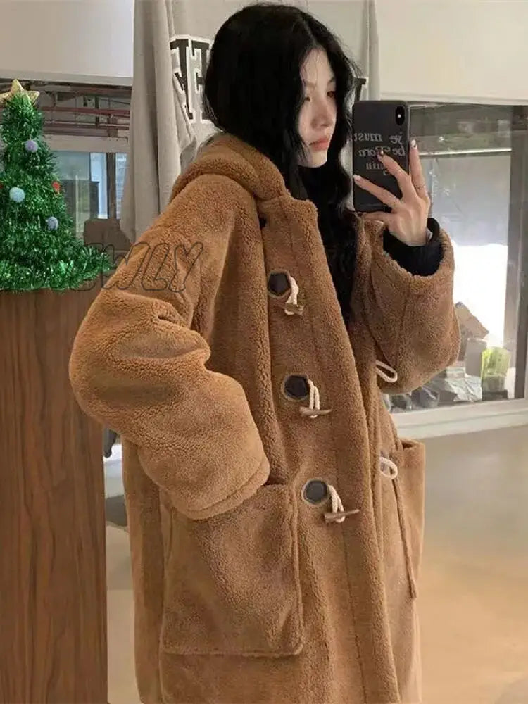 Hnewly Faux Woolen Long Coat Women Sleeve Big Pocket Cow Horn Button Hoodies Outwear 2024 Autumn