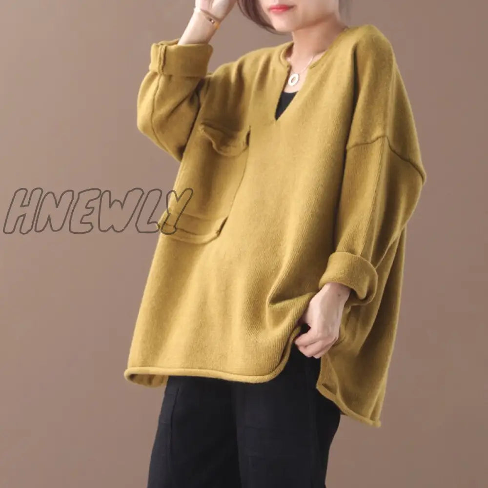 Hnewly Female New Autumn And Winter Korean Style Plus Size Literary Small V - Neck Single - Pocket