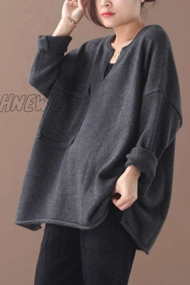 Hnewly Female New Autumn And Winter Korean Style Plus Size Literary Small V - Neck Single - Pocket