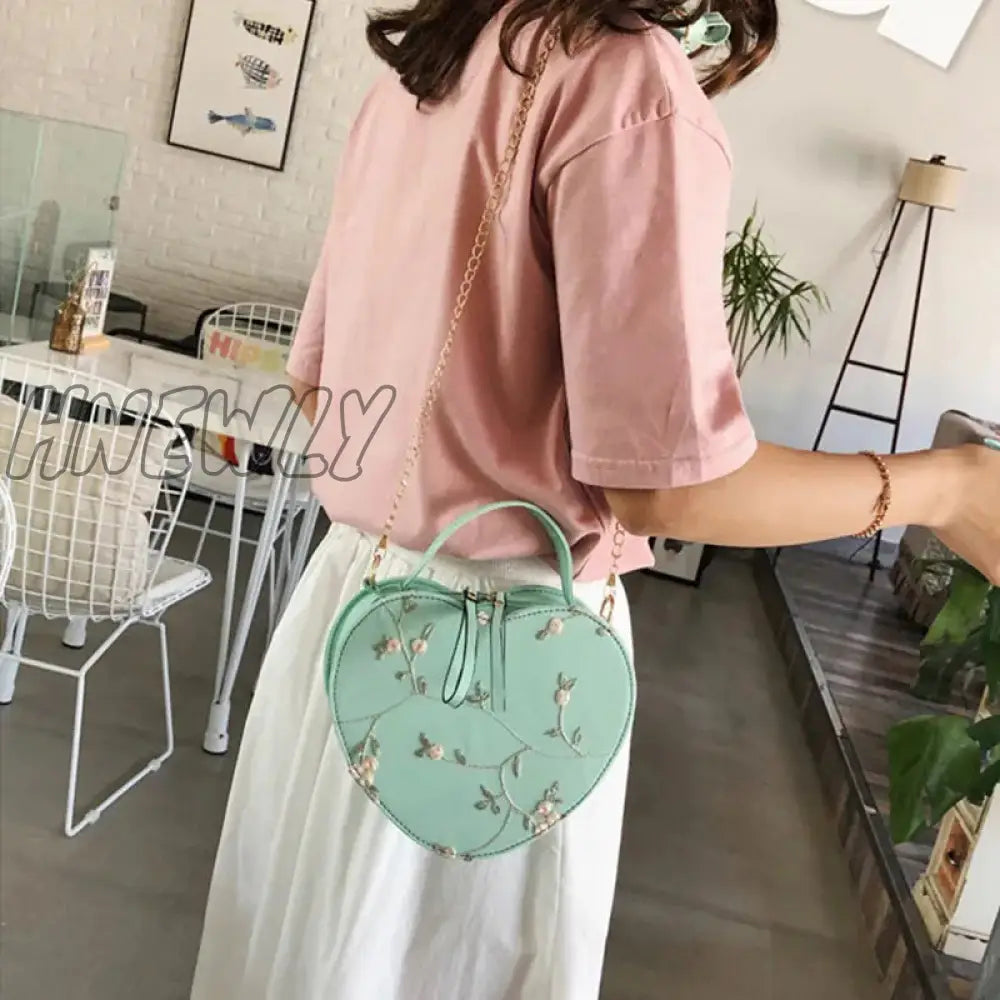 Hnewly Female Sweet Lace Heart Round Handbags High Quality Pu Leather Cross Body Bags For Women