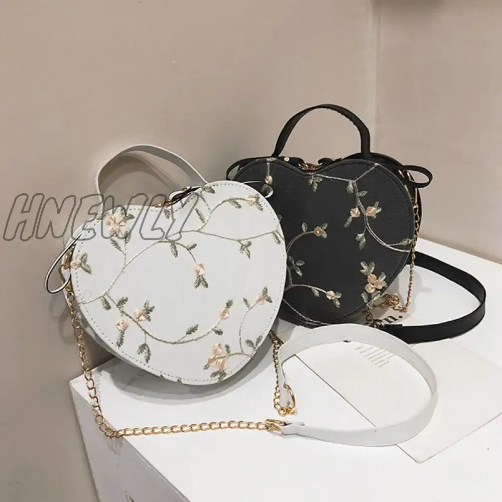 Hnewly Female Sweet Lace Heart Round Handbags High Quality Pu Leather Cross Body Bags For Women