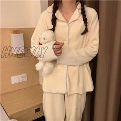 Hnewly Flannel Women’s Pajamas Sets Casual Autumn Winter Sleepwear Velvet Pyjama Ladies Cardigan