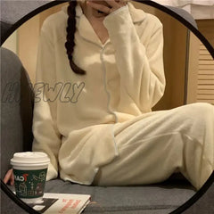 Hnewly Flannel Women’s Pajamas Sets Casual Autumn Winter Sleepwear Velvet Pyjama Ladies Cardigan