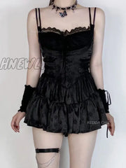 Hnewly Floral Jacquard Camisole Mini Black Dress Women Square Neck Stitch Lace Trim Satin One-Piece