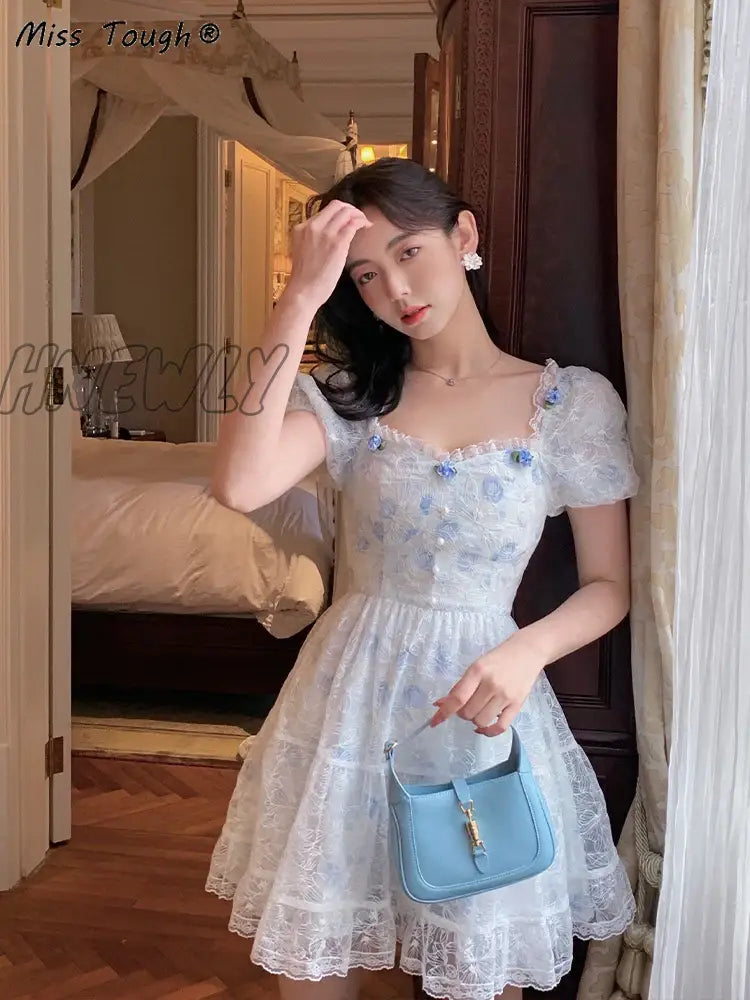 Hnewly Floral Lace Korean Sweet Dress Women France Vintage Elegant Party Mini Dresses Female Print