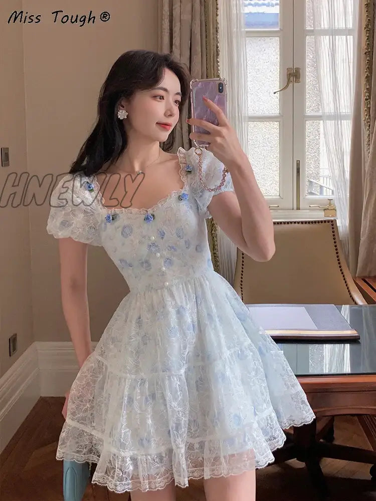 Hnewly Floral Lace Korean Sweet Dress Women France Vintage Elegant Party Mini Dresses Female Print