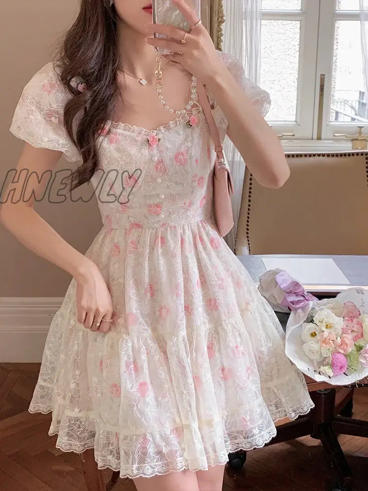 Floral Lace Korean Sweet Dress Women France Vintage Elegant Party Mini Dresses Female Print Casual Beach Boho Fairy Dress Summer