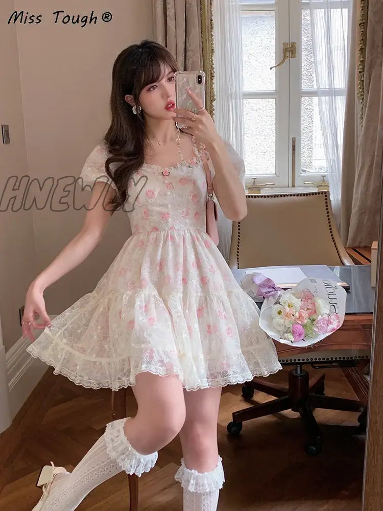 Hnewly Floral Lace Korean Sweet Dress Women France Vintage Elegant Party Mini Dresses Female Print