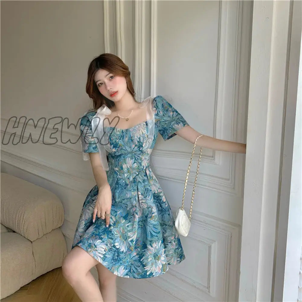 Hnewly Floral New Court Retro Style Dress Women Bowknot A-Line Elegant Lace Fairy Short Sleeve High