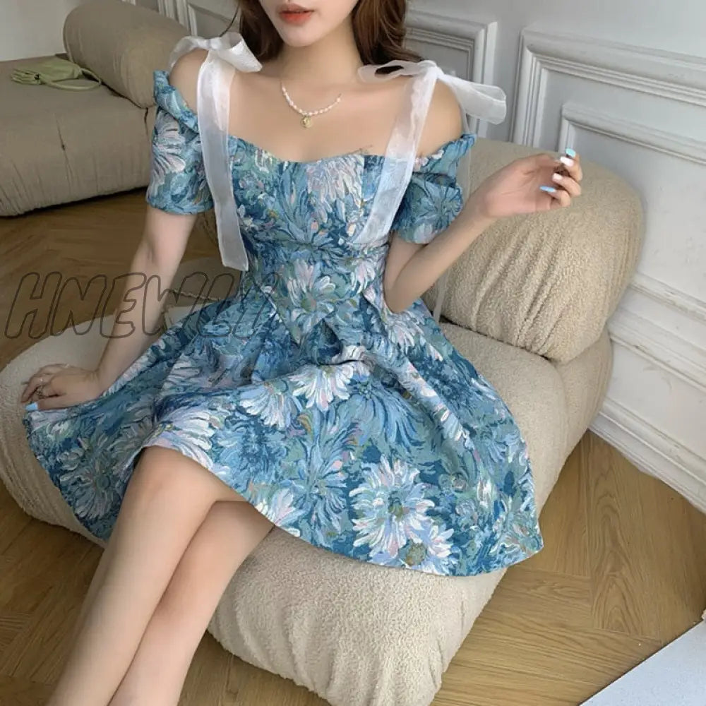 Hnewly Floral New Court Retro Style Dress Women Bowknot A-Line Elegant Lace Fairy Short Sleeve High