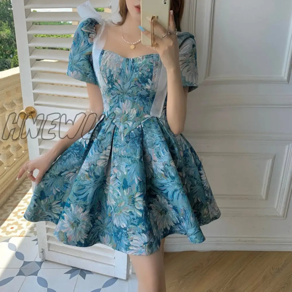 Hnewly Floral New Court Retro Style Dress Women Bowknot A-Line Elegant Lace Fairy Short Sleeve High