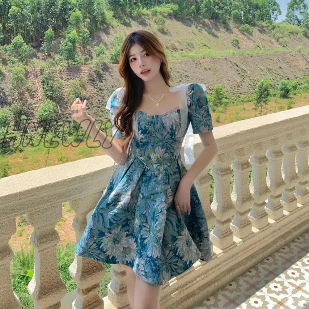 Hnewly Floral New Court Retro Style Dress Women Bowknot A-Line Elegant Lace Fairy Short Sleeve High