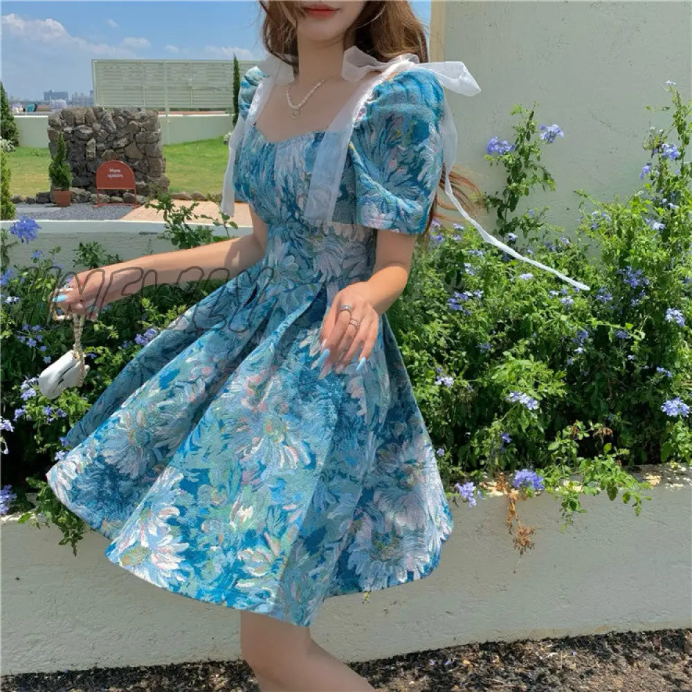 Hnewly Floral New Court Retro Style Dress Women Bowknot A-Line Elegant Lace Fairy Short Sleeve High