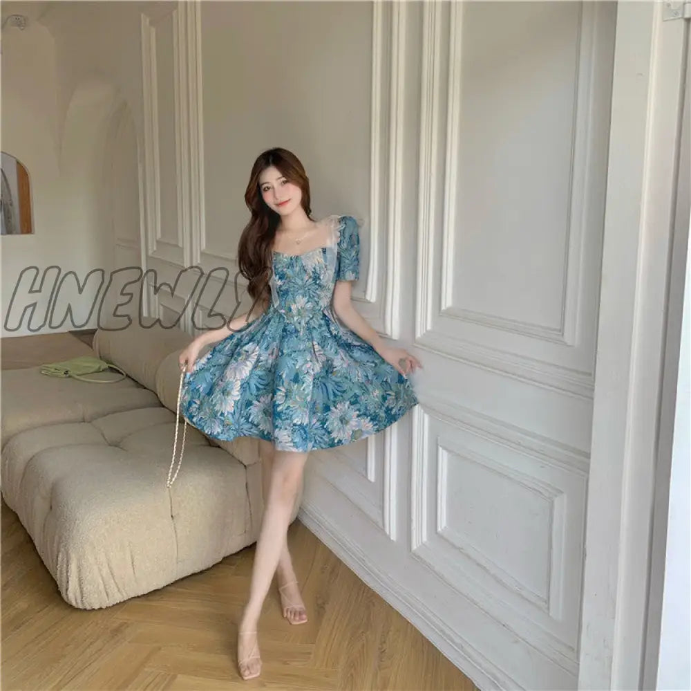 Hnewly Floral New Court Retro Style Dress Women Bowknot A-Line Elegant Lace Fairy Short Sleeve High