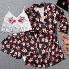 Hnewly Floral Printed Sleepwear Silk Robe Suit Womens Satin Pajamas Gown Set V - Neck Cami Nighties