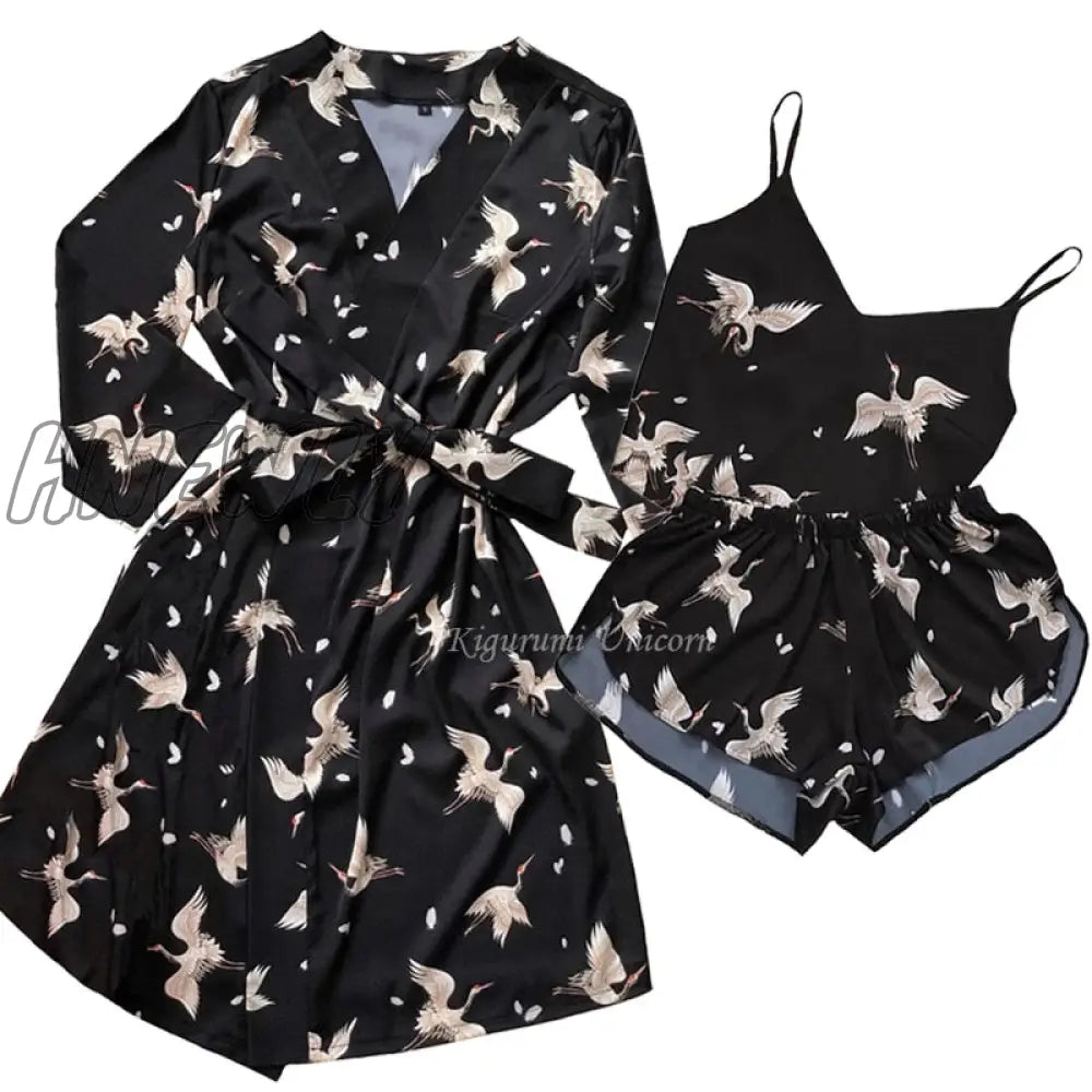 Hnewly Floral Printed Sleepwear Silk Robe Suit Womens Satin Pajamas Gown Set V - Neck Cami Nighties