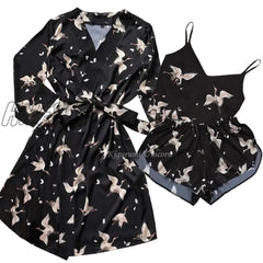 Hnewly Floral Printed Sleepwear Silk Robe Suit Womens Satin Pajamas Gown Set V - Neck Cami Nighties