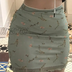 Hnewly Floral Printed Two-Layers New Mini Skirts Harajuku Korean Retro Straight Skirt Women