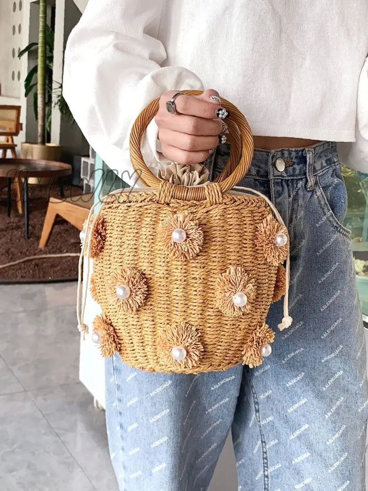 Hnewly - Flower & Faux Pearl Decor Top Ring Straw Bag Women Satchels Khaki Women-Satchels