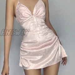 Hnewly Folds Milkmaid Halter Cami Mini Dress Women Pink Sweet Sexy V Neck A Line Backless Prom