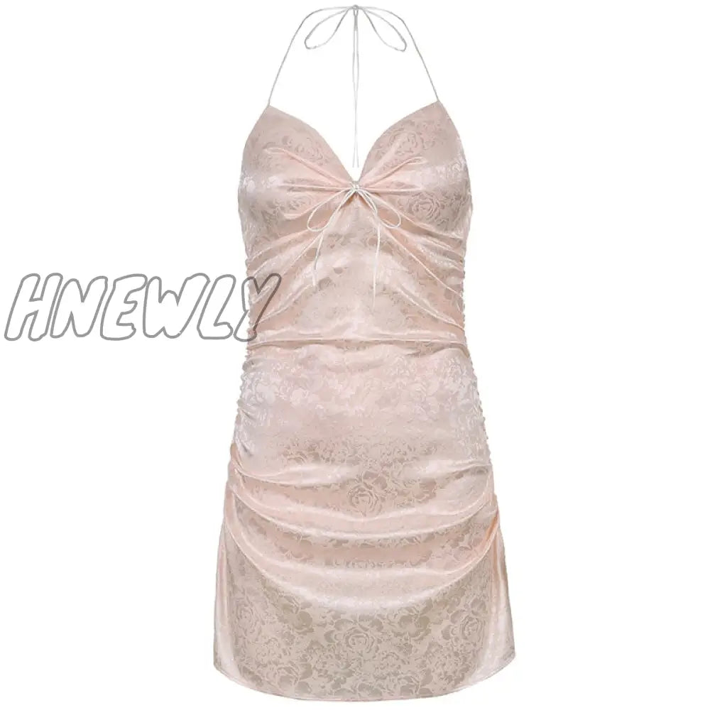 Hnewly Folds Milkmaid Halter Cami Mini Dress Women Pink Sweet Sexy V Neck A Line Backless Prom