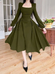 Hnewly Folds Puff Sleeve Corsets Women Midi Dress Sexy Elegant Bodycon Autumn Party Casual Lady