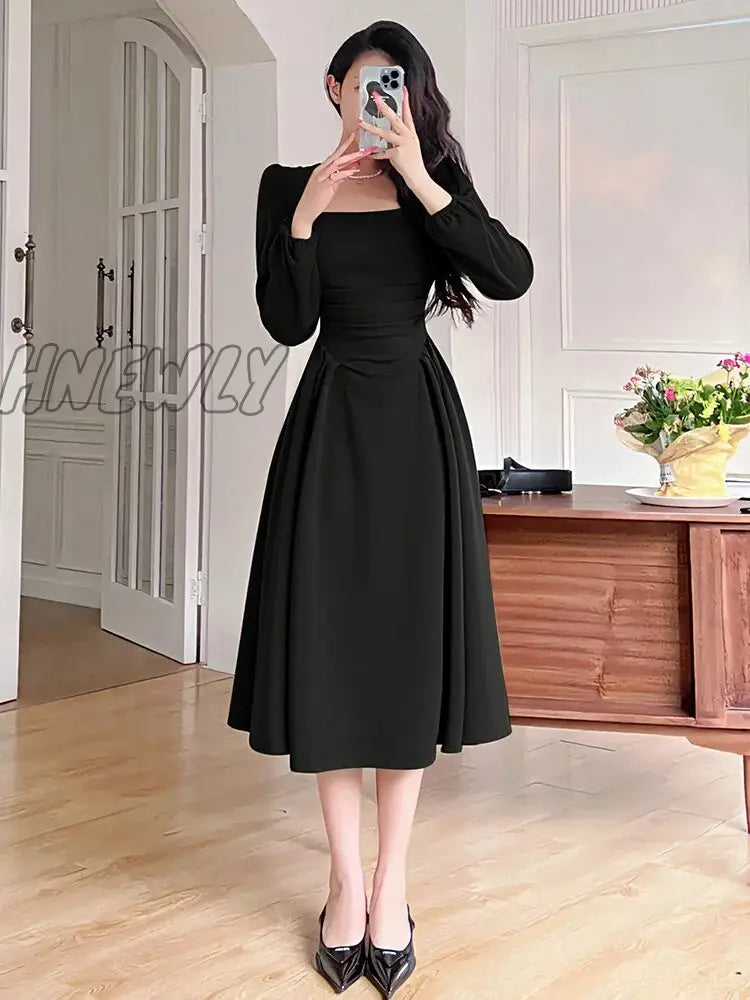 Hnewly Folds Puff Sleeve Corsets Women Midi Dress Sexy Elegant Bodycon Autumn Party Casual Lady