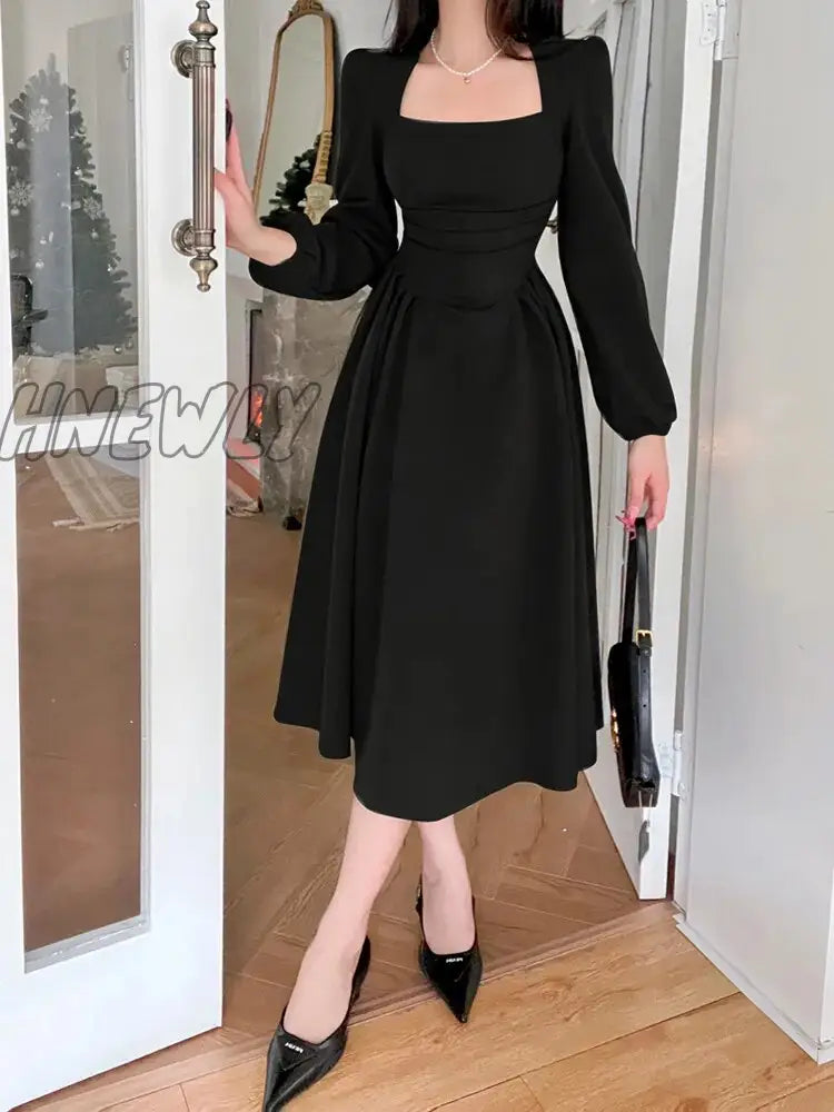 Hnewly Folds Puff Sleeve Corsets Women Midi Dress Sexy Elegant Bodycon Autumn Party Casual Lady