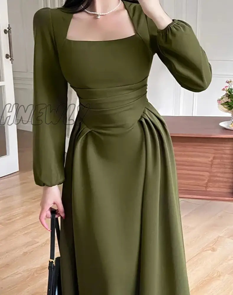 Hnewly Folds Puff Sleeve Corsets Women Midi Dress Sexy Elegant Bodycon Autumn Party Casual Lady