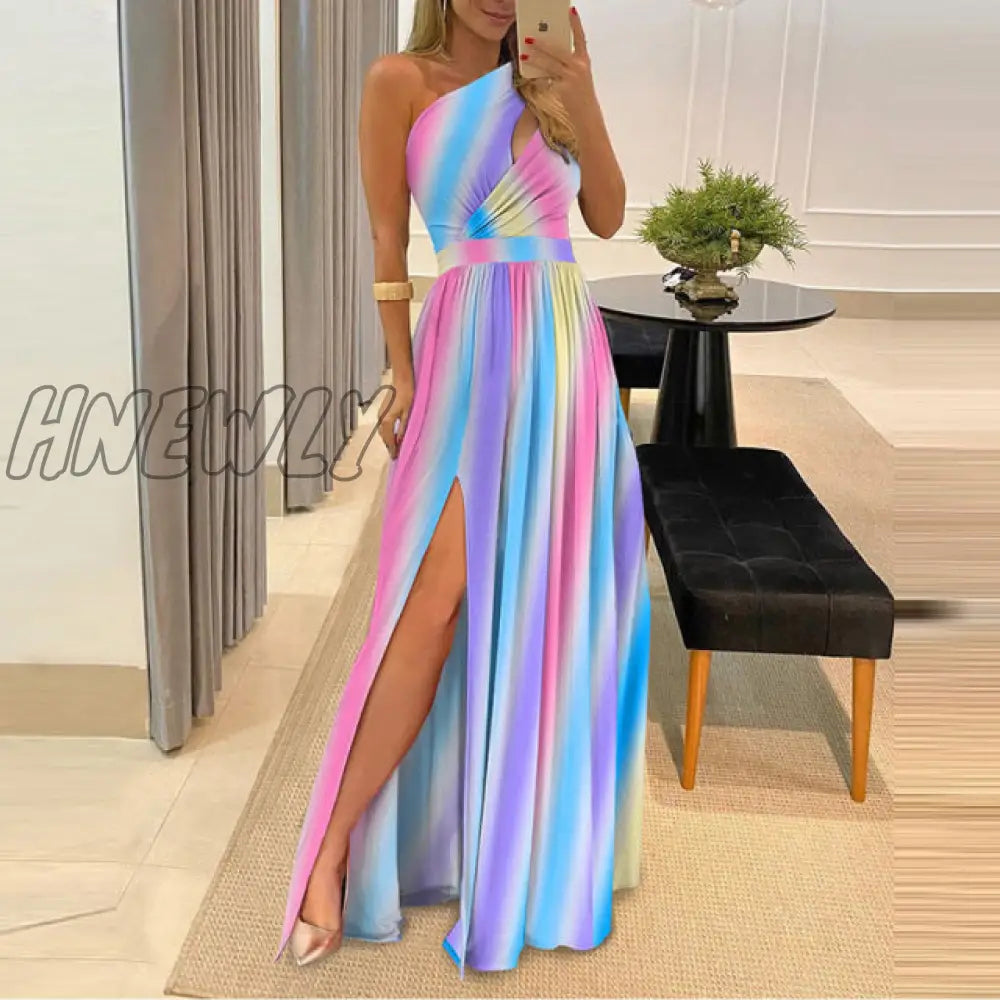 Hnewly Formal One Shouler High Slit Women Slim Dress Elegant Female Howllow Out Maxi Ball Summer