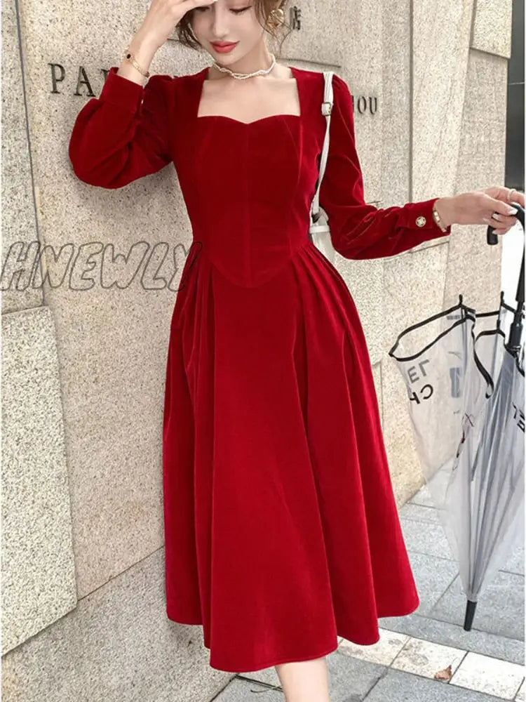 Hnewly France Vintage Dress Women Autumn Winter Solid Retro Elegant Evening Party Midi Long Slevee