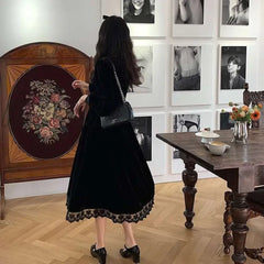 Hnewly French Vintage Dress Women Lace Velvet Black Elegant Party Female Autumn 2020 High Waist